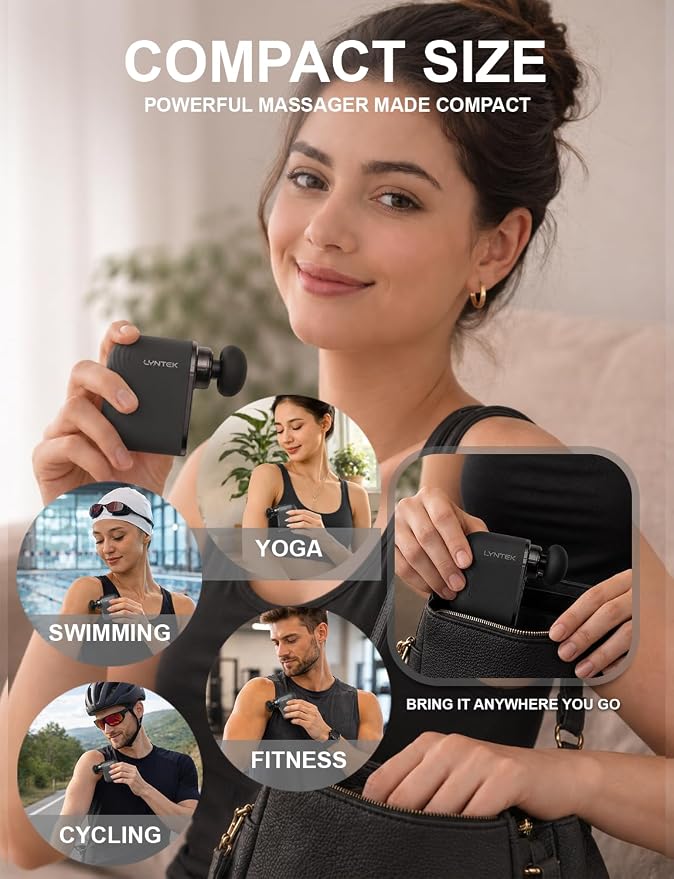 Mini Massage Gun Black- Small Handheld Muscle Massager with Percussion Deep Tissue, 5 Adjustable Vibration Frequency & 3 Interchangeable Heads - Portable Pocket Massage Gun for Gym, Travel