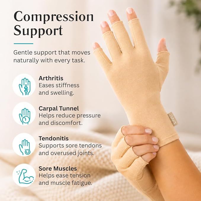 Vive Arthritis Gloves - Men, Women Rheumatoid Compression Hand Glove | Osteoarthritis- Arthritic Joint Pain Relief - Carpal Tunnel Wrist Support - Open Finger, Fingerless Thumb for Computer Typing