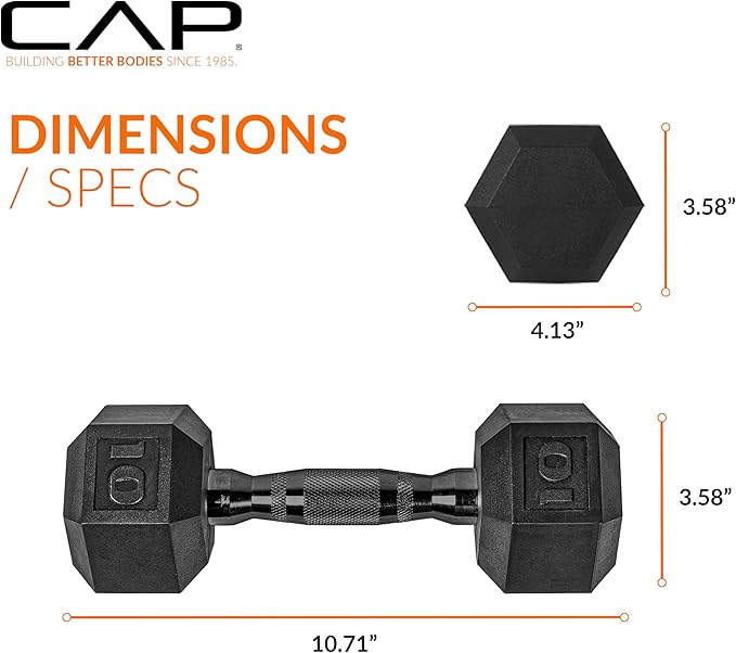 CAP Rubber Coated Dumbbell Weights, Free Weights for Home Gym Strength Training, Anti-Roll Hex Dumbbells with Black, Chrome & Comfort Grip Handles, Singles