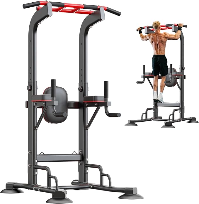 SogesHome Pull Up Bar and Dip Station Adjustable Home Gym Fitness Equipment | Multifunctional Heavy Duty Power Tower 330LB Capacity, Free Standing Strength Training Exercise Machine for Full Body Workout