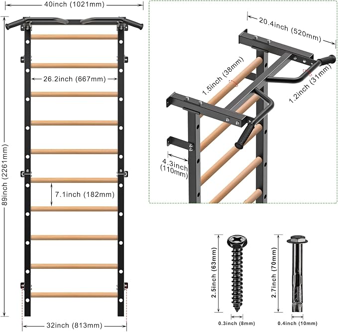 Kipika Gymnastic Stall Bar - 2"x2" Swedish Ladder with 1" Hole, Wall Mounted Pull-up Bar Ladder Suspension Trainer, Solid Wood Grips Gymnastics Training Bar for Home, Wall Gym, School