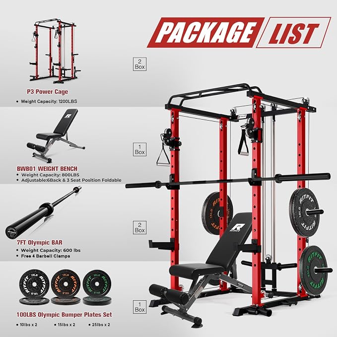 RitFit Power Cage Home Gym Package with Cable Crossover System | 1200LBS Power Rack, Weight Bench, Olympic Barbell & 230LBS Bumper Plates — All-in-One Home Gym