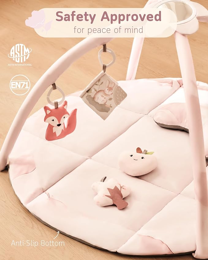 Baby Play Gym & Mat, Tummy Time Mat for Babies 0-12 Months, Pink | Machine-Washable Foldable Activity Mat with 5 Detachable Toys; Certified Safe Newborn Essentials Gift for Baby Registry