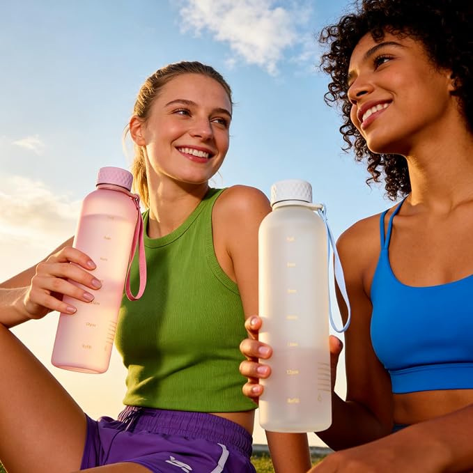 Sursip Slim Water Bottle 42 oz, Leakproof with Time Marker and Strap | Lightweight, BPA-free reusable plastic bottle fits cup holders and is dishwasher safe for gym, school, sports and travel.