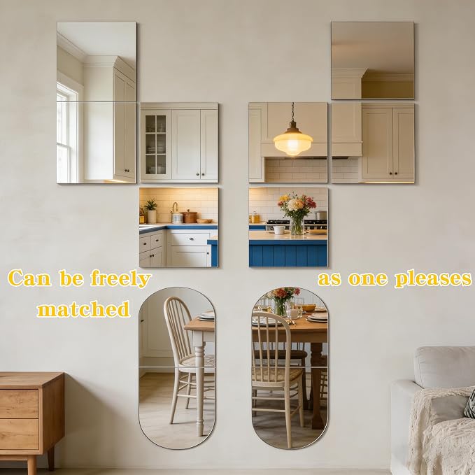 8-piece set of acrylic wall mounted mirrors, 12x12 inch self-adhesive frameless square combined with curved makeup lenses, flexible plastic lenses for bedrooms, home use, gym doors (8pcs - 12‘’×12‘’)
