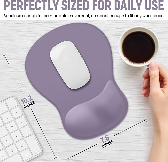 Ergonomic Mouse Pad with Wrist Rest, Gel Wrist Support, Lavender | 10.2 x 7.6 in Mouse Pad with Smooth Fabric Surface and Non-Slip Rubber Base for Office, Home, Study, and Gaming