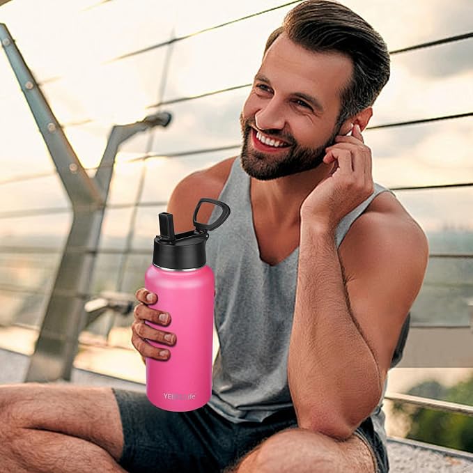 Insulated Water Bottle With Straw,32 oz Vacuum Insulated Stainless Steel Sports Water Flask,Keeps Cold and Hot,Metal Water Bottle Wide Mouth for Gym Travel Camping (Peach pink)