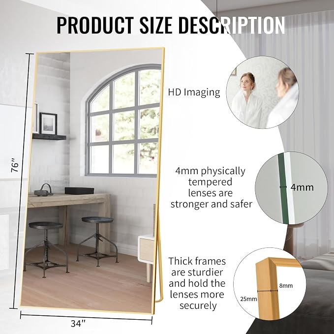 Beauty4U 76" x 34" Full Length Mirror with Stand, Gold Large Floor Mirror | Standing, Leaning, or Wall-Mounted Tempered Glass Full Body Mirror with Metal Frame for Bedroom, Closet, Modern Home Decor