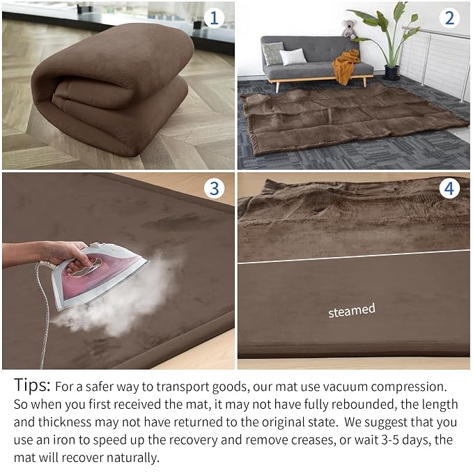 Huloo Sleep Baby Play Mat for Floor,1.3" Thick Elasti-Foam 50x50 Playpen Mat for Toddlers Infant Kids,Water-Repellent Soft Coral Velvet Tummy Time Mat,Non Slip Crawling Mat,Tatami Mat(Dark Brown)