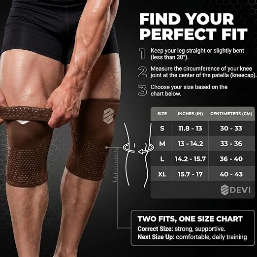 Knee Sleeves 7mm for Weightlifting, Squats, Fitness, Powerlifting, with Advanced 2025 Anti-Slip Design, Premium Neoprene, Constant Compression Brace, Gym Training Support - 1 PAIR - Men Women – DEVI (Brown, X-Large)