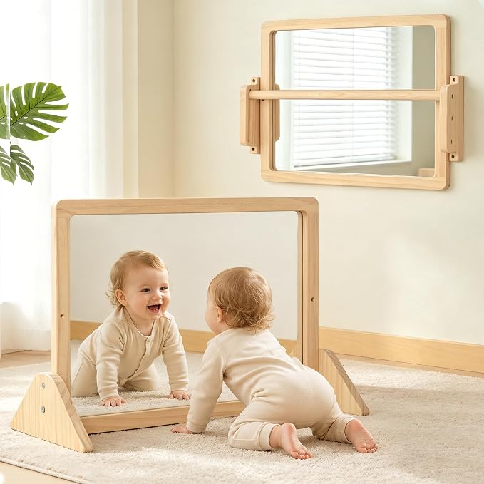 Montessori Mirror with Pull Up Bar, 23.6 x 15.7 in Natural Wood Frame & Shatter-Resistant Acrylic Baby Mirror for Floor and Wall, Tummy Time and Pull-to-Stand Practice