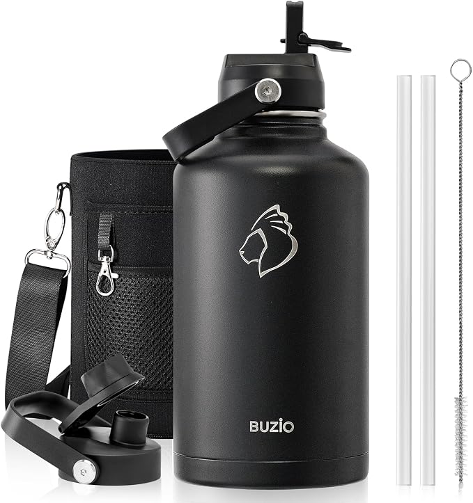 BUZIO 64 oz Insulated Stainless Steel Water Bottle with Dust-proof Lids | Half Gallon Water Jug (Dishwasher Safe), Cold for 48 Hrs, Triple Wall with Copper Plating, for Gym, Hiking, Camping, Black
