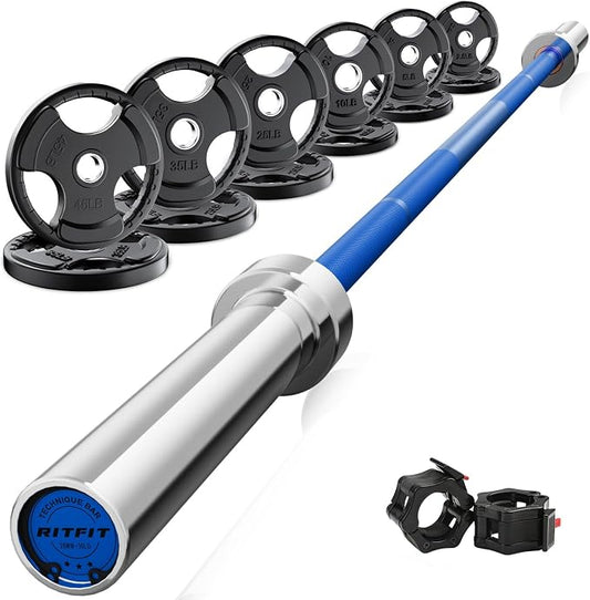 RitFit Barbell Weight Set - 4/6FT Olympic Barbell with Weight Plates (55-115LB Total) - Weightlifting Equipment for Squats, Curls, Deadlifts, Presses, Hip Thrusts