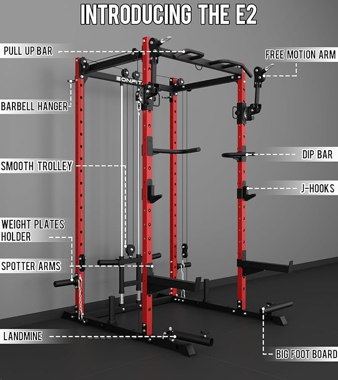 Eonfit E2 Power Rack, Squat Rack with Cable Crossover for Home Gym | Power cage with Pivot Arms Functional Trainer Pulley System Lat Pull Down For Garage Gym Strength Training