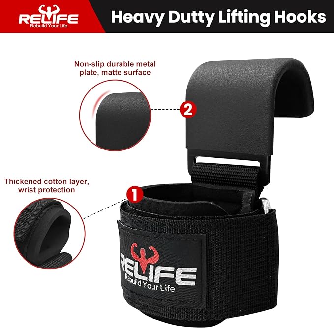 RELIFE REBUILD YOUR LIFE Lifting Hooks for Men and Women(Pair) | Pull Up Straps , Gym Reapers Lifting Wrist Grips, Heavy Powerlifting, Lifting Hooks for Weight Lifting