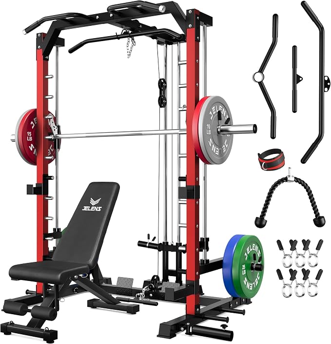 SR01 Smith Machine, 2000LBS Multi-Function Power Cage with LAT Pulldown System, All-in-One Home Gym Squat Rack with Smith Bar and Training Attachments for Full Body Workouts