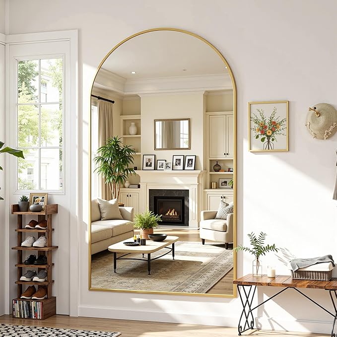 Full Length Mirror 88" L x 44" Full Body Standing Mirror for Bedroom, Living Room, Gym, Dorm - Shatter-Resistant & Easy Assembly, Arched Style Gold