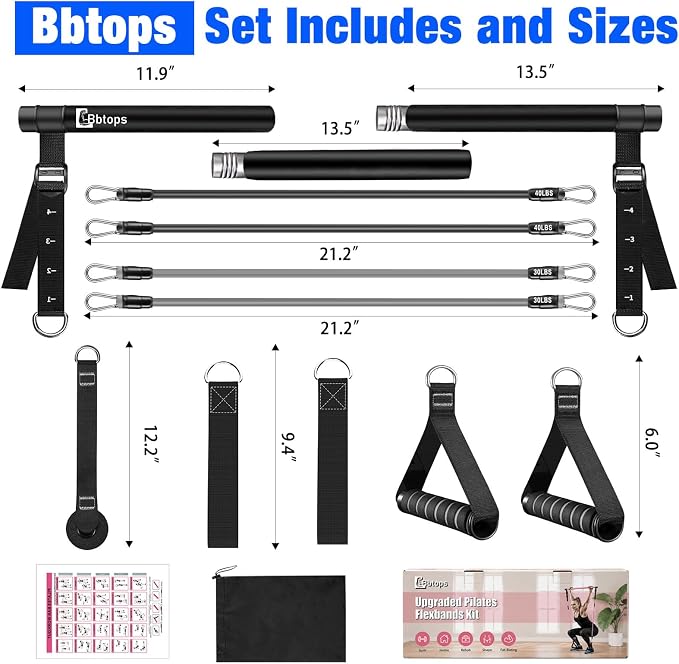 Bbtops Pilates Bar Kit with Resistance Bands,Pilates Bar with Stackable Bands Workout Equipment for Legs,Hip,Waist and Arm,Exercise Fitness Equipment for Women & Men Home Gym Yoga Pilates