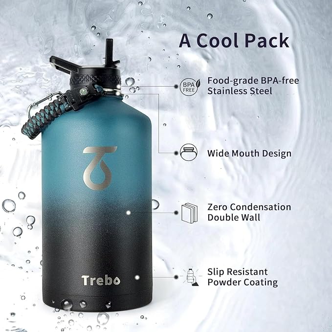 Trebo One Gallon Water Bottle Insulated with 3 Lids, Paracord Handle & Bag | 128 oz Large Stainless Steel Water Jug, Triple Wall Vacuum Copper Plated, Dishwasher Safe, Keeps Cold 48 Hrs for Hiking, Gym