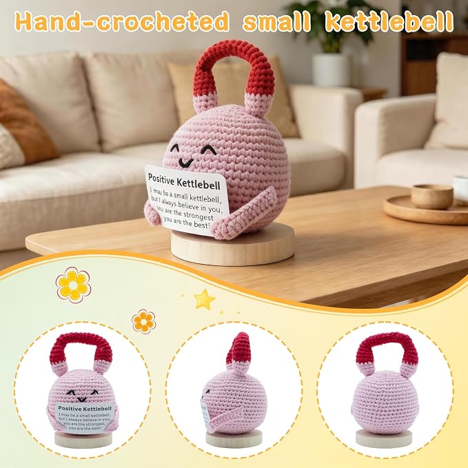 Crochet Knitted Kettlebell, 3.54 Inch Positive Kettlebell with Encouraging Card, Unique Fitness Themed Gift for Home Office Room Desktop Decoration