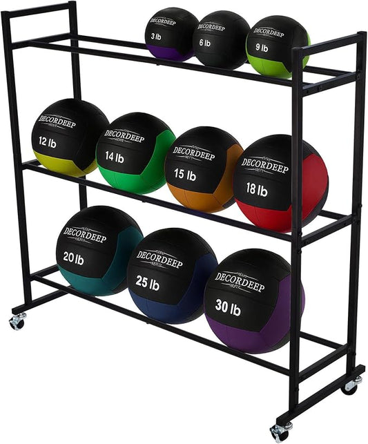 3-Tier Medicine Ball Rack with Wheels, Heavy Duty Rolling Storage Stand Holder for Slam & Wall Balls, Home Gym Organization Cart, Locking Casters, 60 lbs Capacity, Iron, Black