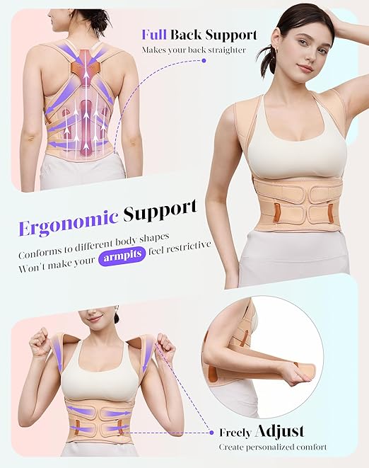 Posture Corrector for Women and Men, Full Back Support Brace, Adjustable Shoulder Straightener, Improving Posture, Relief Upper and Lower Back, Neck Pain, Beige, Medium