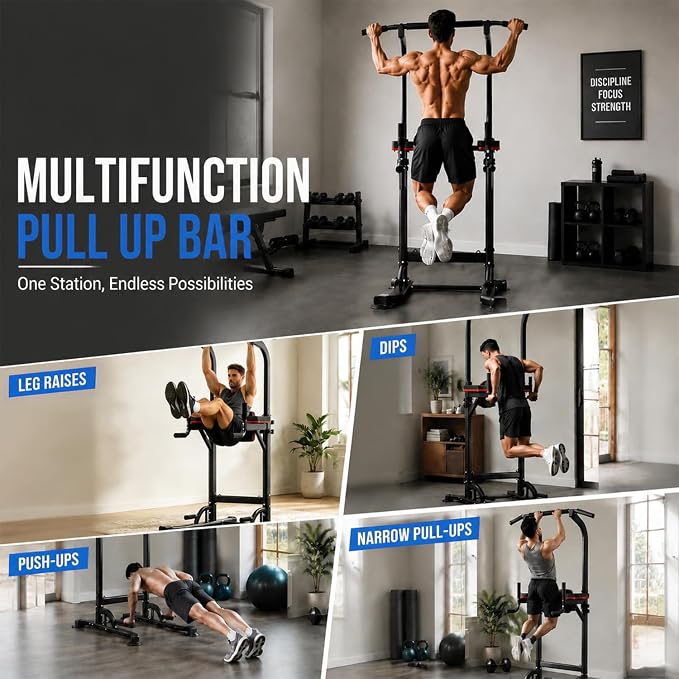 Pull Up Bar, Multifunction Power Tower Dip Bar Station Home Gym Strength Training Workout Equipment for Pull-up Push-up Dips