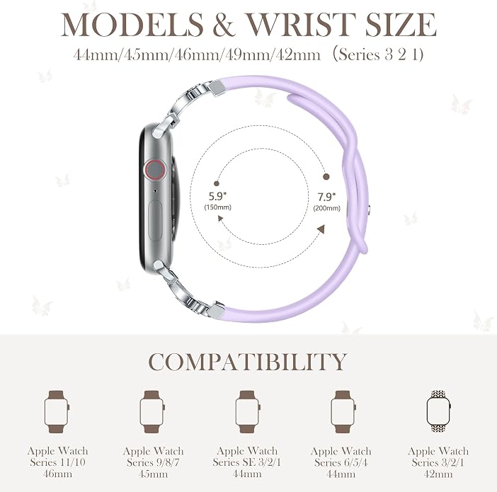 Lerobo Slim Silicone Band Compatible with Apple Watch Bands for Women | Dressy Metal Butterfly 16mm Thin Strap for iWatch Series 11 10 9 8 7 6 5 4 SE Ultra 38mm 40mm 41mm 42mm 44mm 45mm 46mm 49mm