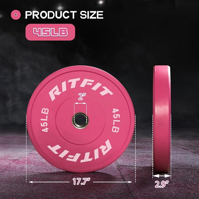 RITFIT Pink Olympic Bumper Plates with Steel Insert for Home Gym | High-Density Rubber with Low Bounce, 2-Inch Olympic Bore with Steel Insert, Pink Color for Strength Training