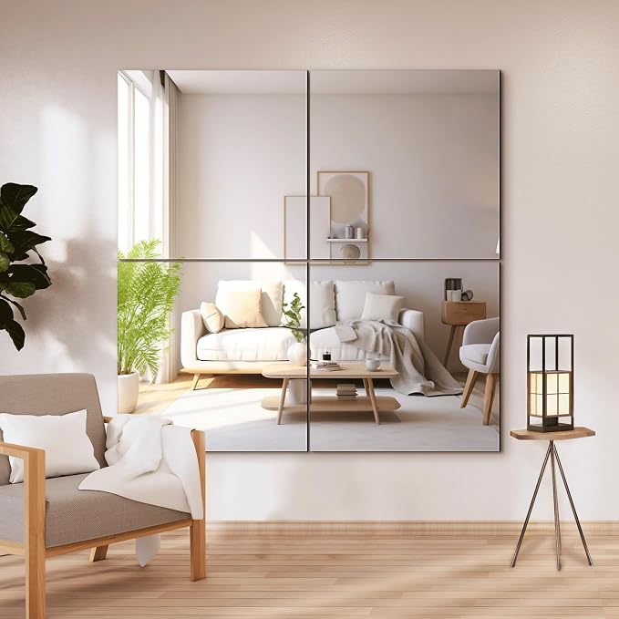 Delma Frameless Mirror Tiles 20"x20"x4 Pcs Wall Mounted | Shatter Resistant, Full Length, Tempered Glass Panels, For Home Gym Bathroom Bedroom & Living Room Decor