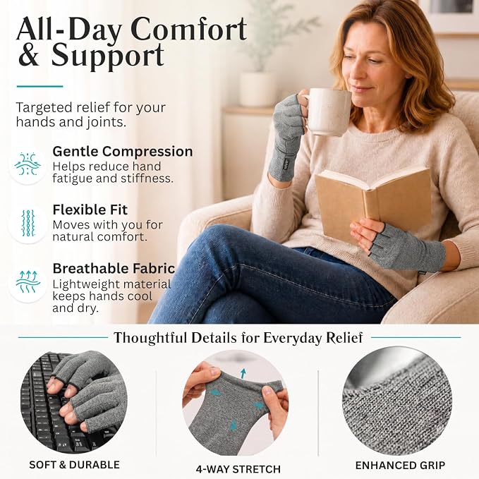 Vive Arthritis Gloves - Men, Women Rheumatoid Compression Hand Glove for Osteoarthritis- Arthritic Joint Pain Relief - Carpal Tunnel Wrist Support - Open Finger, Fingerless Thumb for Computer Typing | Osteoarthritis- Arthritic Joint Pain Relief - Carpa...