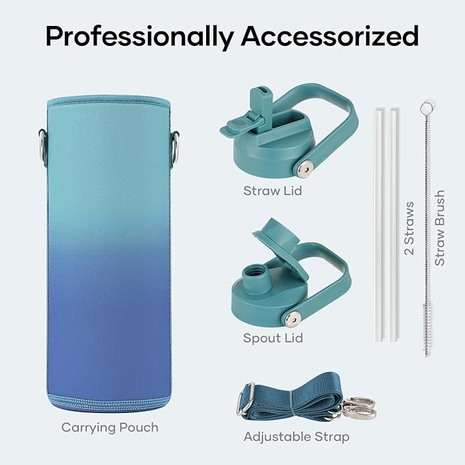 BUZIO 24 oz Insulated Water Bottle, Stainless Steel Wide Mouth Water Flask with Straw Lid, Cold for 48 Hrs Leak Proof Metal Hydro Thermo Canteen Mug, Gradient Cyan