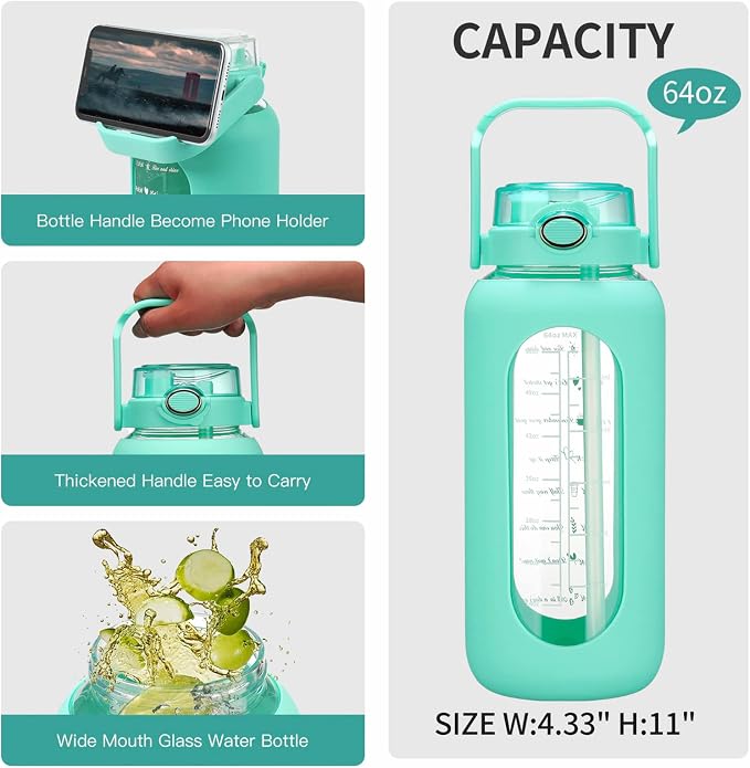 chunmo 64oz Glass Water Bolttles with Straw Half Gallon Large Motivational Water Bottle with Time Marker Sports Water Bottles with Silicone Sleeve and Handle Lid Water Jug for Gym Workout