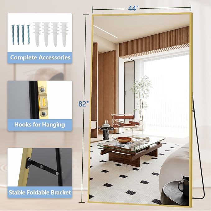 MirrMuse 82"X44" Full Length Mirror with Stand, Oversized Floor Mirror | Tempered Glass, Extra Large, Free Standing, for Gym Bedroom Living Room Clothing Store, Aluminum Alloy Frame, Gold