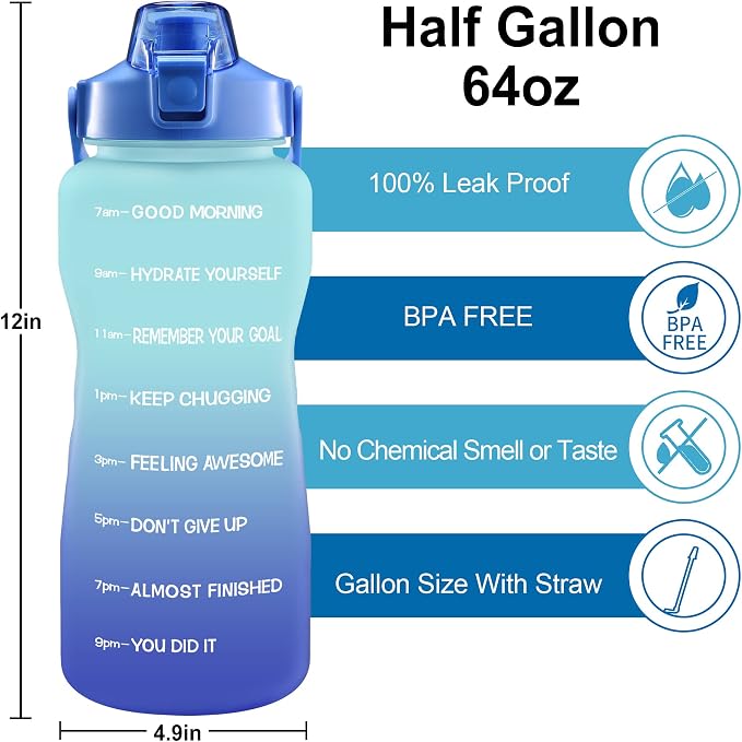 EYQ 64oz/128oz Leakproof Free Drinking Water Bottle with Motivational Time Marker BPA Free for Fitness, Gym and Outdoor Sports