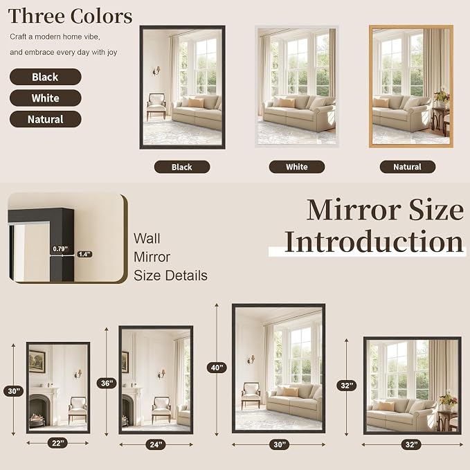 Syndra Black Wood Frame Bathroom Mirror, 30''x40'' Modern Vanity Mirror for Wall, Waterproof Slim Deep Frame, Rectangular HD Tempered Glass Mirror for Living Room, Bedroom, Entryway, Rustic, Farmhouse