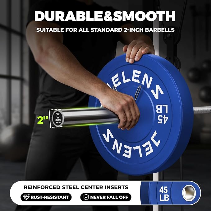 JELENS Olympic Barbell Weight Plates Set, 2-Inch Black/Colored Rubber Bumper Plate Weight Set for Strength Training and Weightlifting, Multiple Options