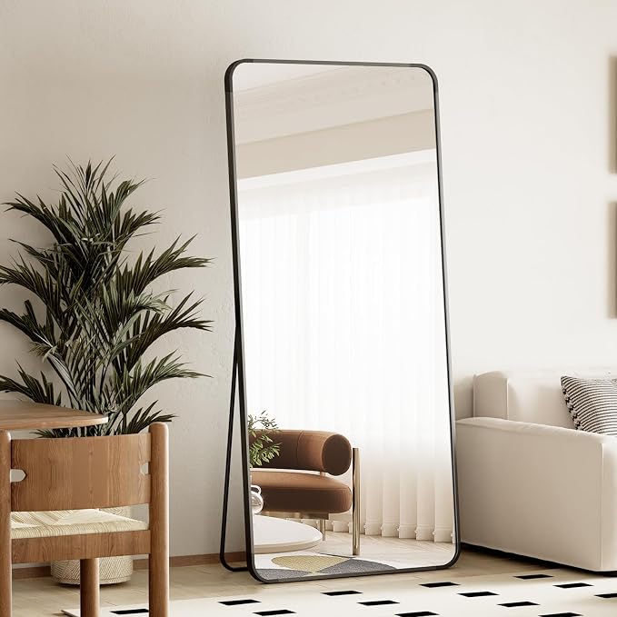 BEAUTYPEAK 66" x 23" Rounded Corner Full Length Mirror with Stand, Black | Aluminum Alloy Frame with Standing, Leaning, or Wall-Mounted, Ideal for Bedroom, Dressing Room, Entryway, and Living Room