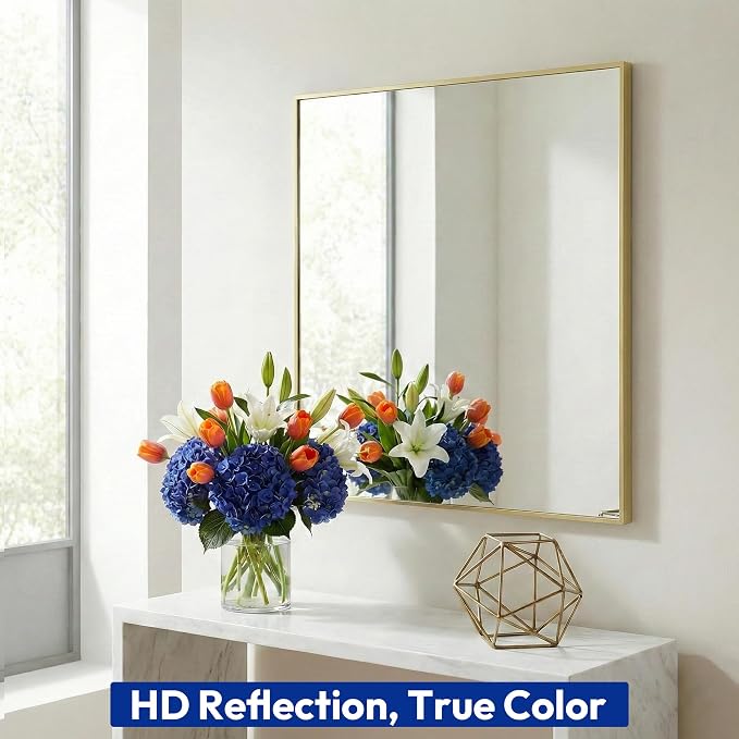 36" x 36" Large Gold Wall Mirror, Oversized Square Accent Mirror, Luxury Metal Framed Decor for Living Room & Bathroom Vanity