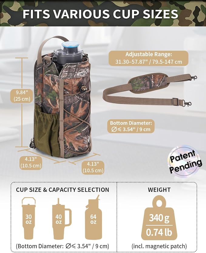 sportsnew 40oz Insulated Crossbody Water Bottle Bag Gym Hiking Phone Pocket | Water-resistant Lining, Padded Strap, Top Handle, Drawstring, Phone Pocket, Elastic Slots, Built-In Key Clip for Gym Walking