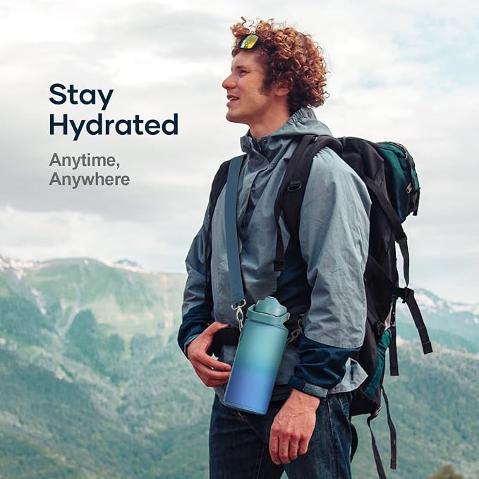 BUZIO 32 oz Water Bottle Insulated, Leakproof Stainless Steel Flask (Cold for 48 Hrs), Wide Mouth BPA-Free Metal Thermo Hydro Canteen with 2 Lids, Gradient Cyan