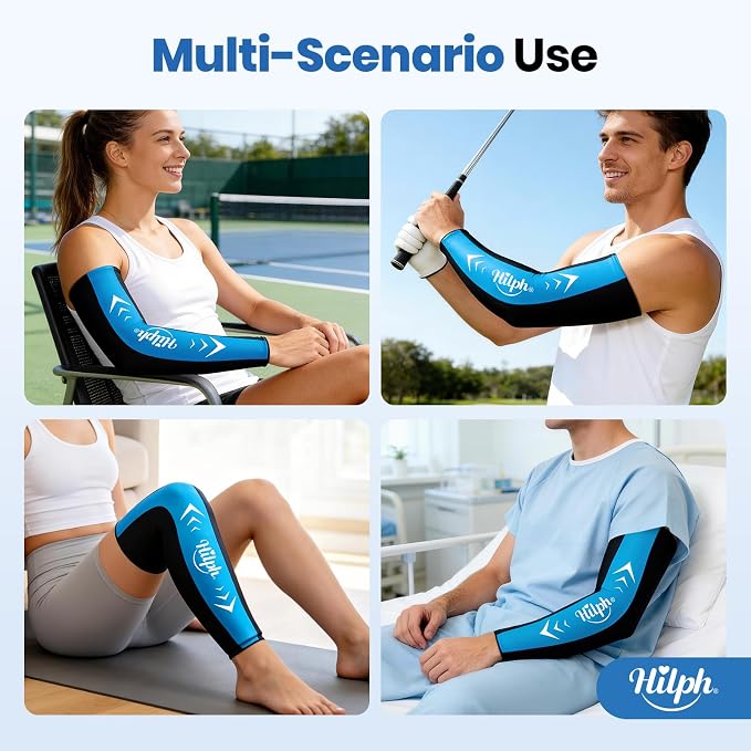Hilph Full Arm Elbow Ice Pack Sleeve for Pitchers, Extended-Length Design | Reusable Hot Cold Compression Gel Ice Wrap for Tennis Elbow, Golfers Arm, Tendonitis, Carpal Tunnel, Sports Recovery, Medium