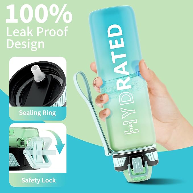 QLUR Water Bottle with Straw, 27oz Motivational Water Bottles with Time Marker to Drink, Tritan BPA Free, 750ml Sports Water Bottle with Carry Strap LeakProof for School Fitness Outdoor (1Pack)