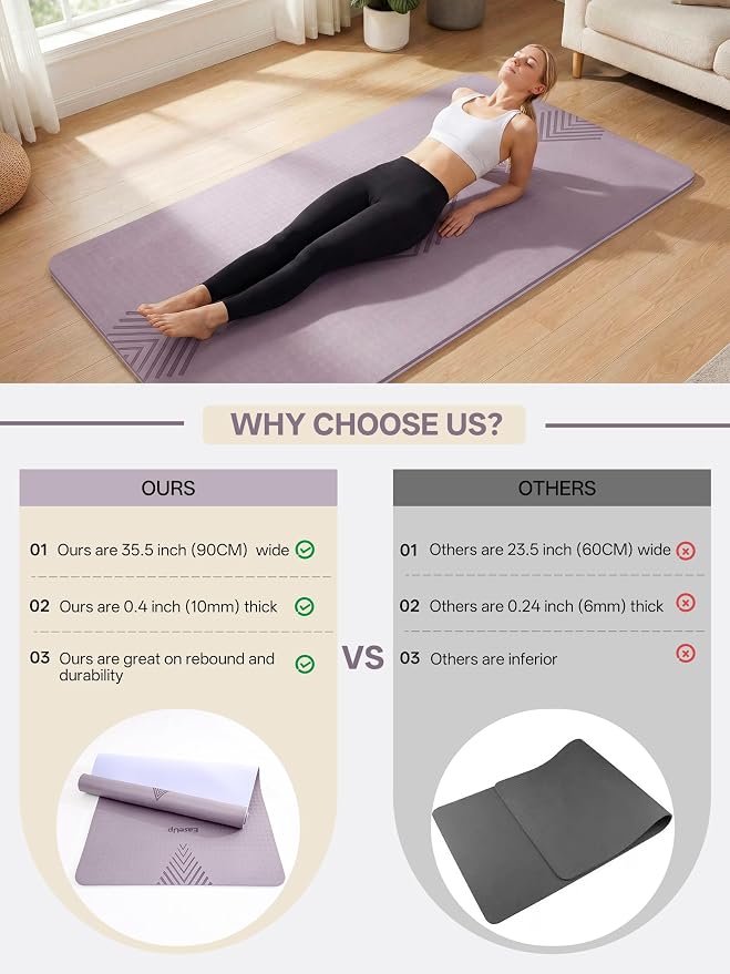 EaseUp Large Yoga Mat 73x35.5x0.4",10mm Thick Non-Slip for Home Workout | Extra thick and wide,TPE material, joint cushioning, easy to clean, wear-resistant, for yoga & Pilates with strap ﻿