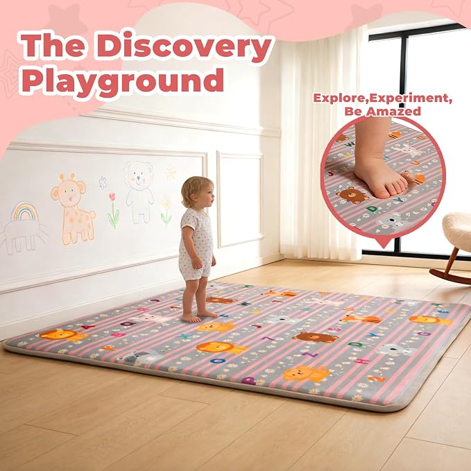 Baby Play Mat for Floor, 71'' x 59'' Thicken Foam Soft Padded Playmat for Tummy Time, Playpen Mat for Toddlers Infant Kids, Water-Repellent Coral Velvet, Non-Slip Bottom Safe for Crawling (Lion)