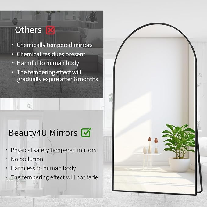 Beauty4U 76" x 34" Arched Full Length Mirror with Stand, Black Floor Mirror | Large Standing, Leaning, or Wall-Mounted Tempered Full Body Mirror with Metal Frame for Bedroom, Closet, Modern Home Decor