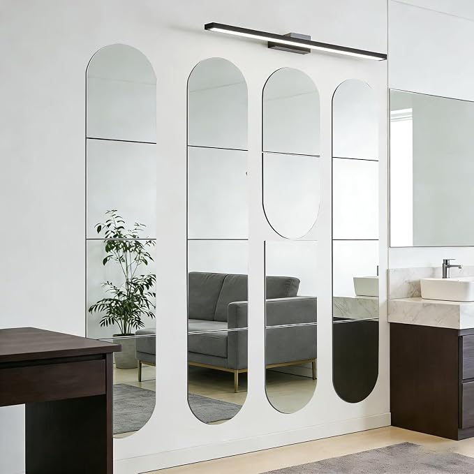4-piece set of acrylic wall mounted mirrors,12x16 inch self-adhesive frameless square combined with curved makeup lenses, flexible plastic lenses for bedrooms, home use, gym doors (4pcs - 12‘’×16‘’)