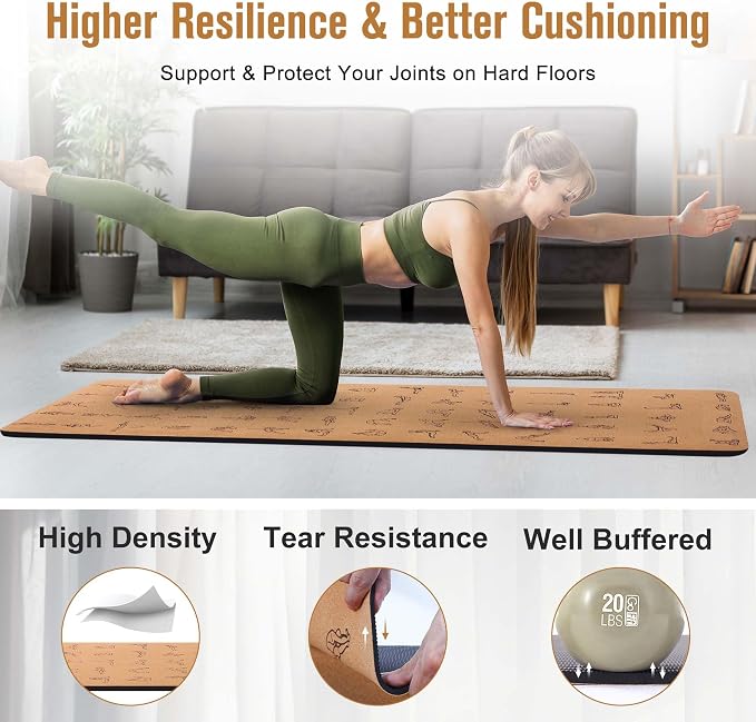 Umineux Cork Yoga Mat 1/4 & 2/5 Inch Thick 72 x 26 in | Thick Cork and TPE Non Slip Yoga Mats for Women Men, Sweat Proof, Sustainable, Great for Hot Yoga & Workouts