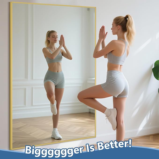 MirrMuse Large Mirror Full Length 72"X44",Oversized Floor Mirror with Stand | Gold Aluminum Alloy Frame, Free Standing, for Gym Bedroom Living Room, Hanging or Leaning, Shatterproof Tempered Glass
