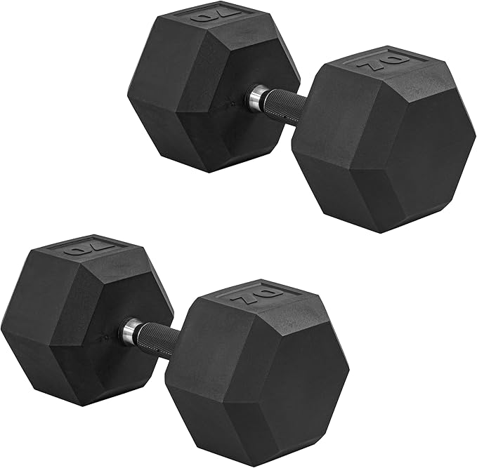 CAP Rubber Coated Dumbbell Weights, Free Weights for Home Gym Strength Training, Anti-Roll Hex Dumbbells with Black, Chrome & Comfort Grip Handles, Pairs & Sets